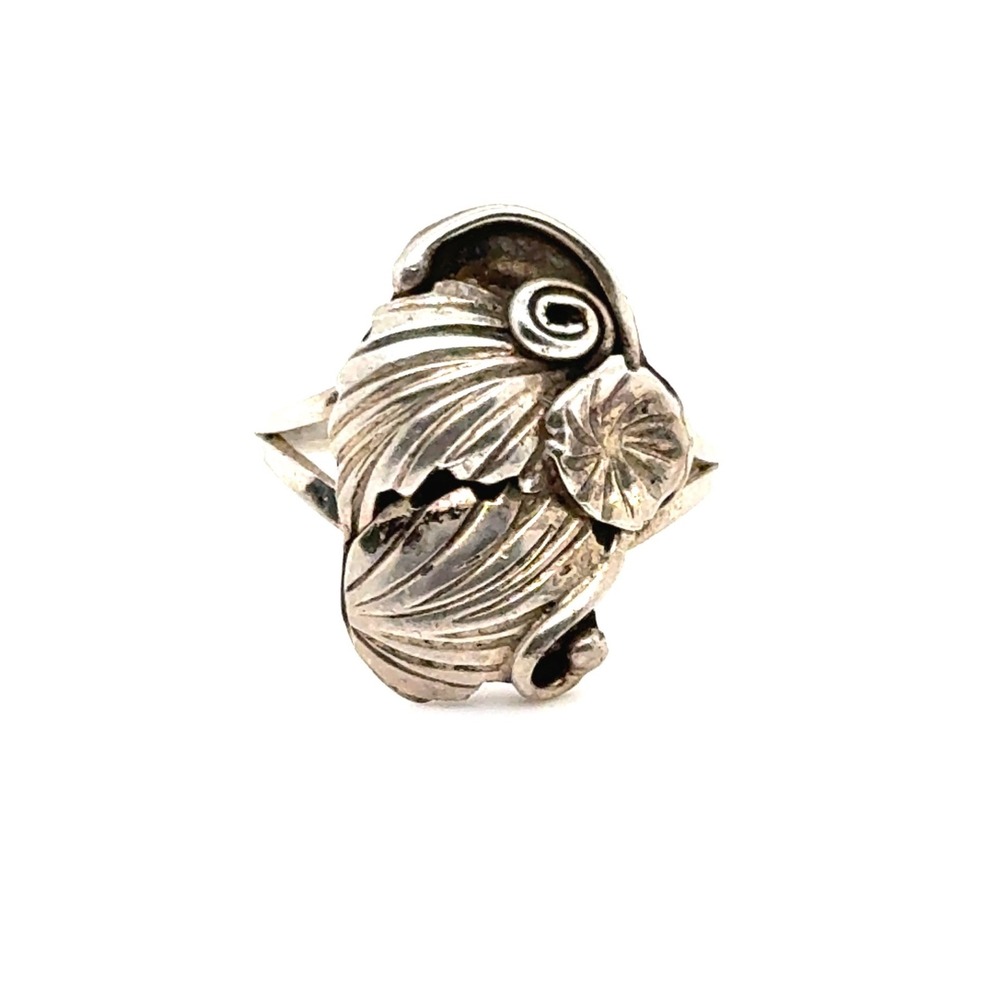 Vintage JB Sterling Silver Leaf Floral Ring Size 7 Artisan Signed Botanical